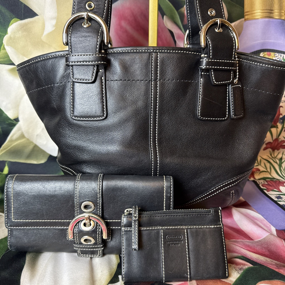 Coach Soho Black Leather Tote Shoulder Bag Wallet Card Holder Set - Picture 2 of 16